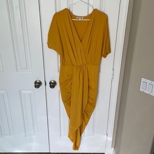 Retro style mustard yellow Ruched front wrap dress